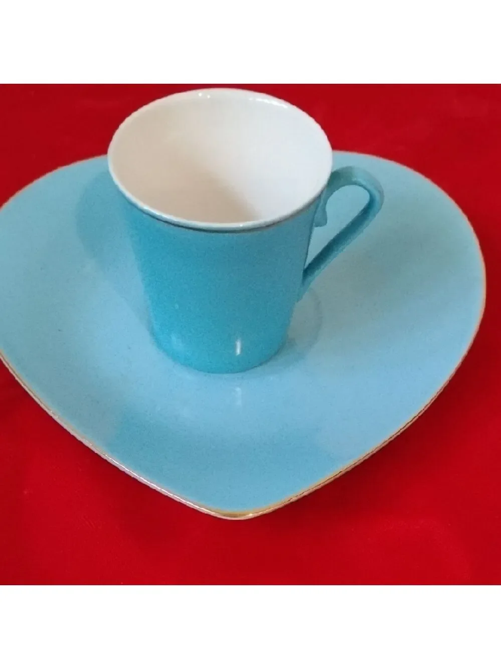 D- NWOT Blue Heart-Shaped Cup and Saucer Set